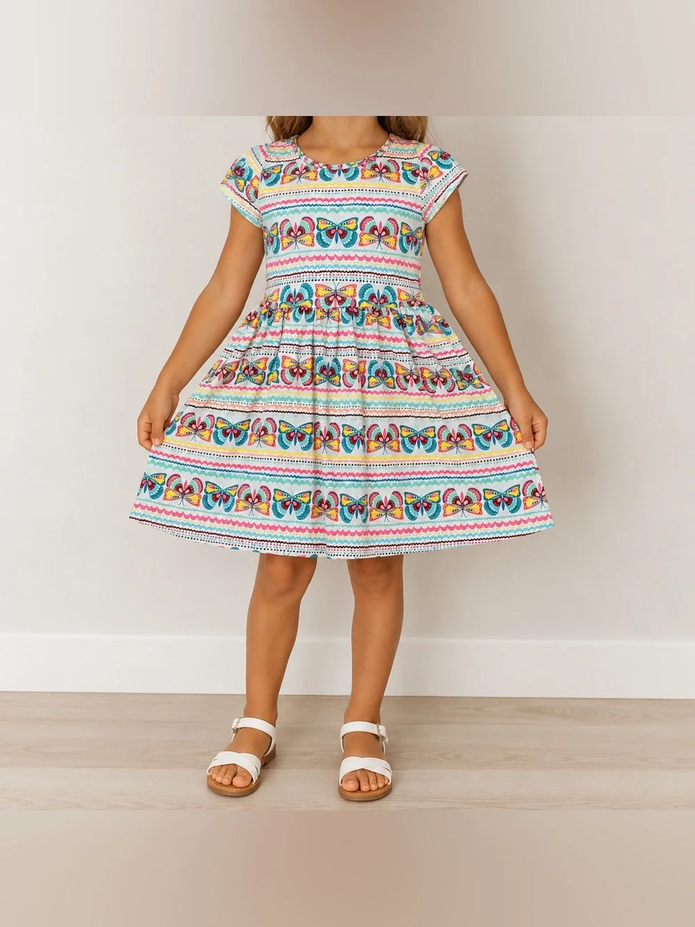 Girls Butterfly Print Skater Dress Size 5/6 Est Cotton Stretch Colorful Spring